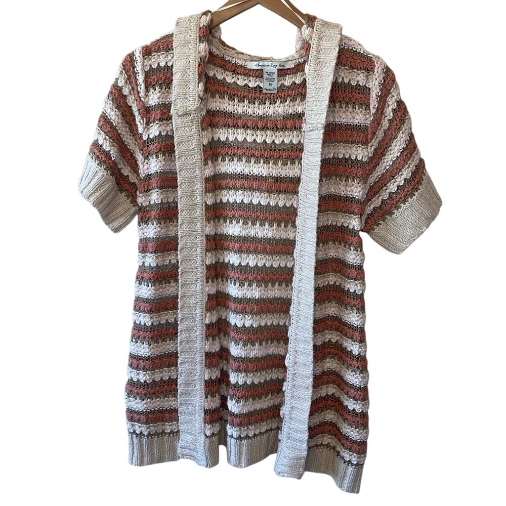 American Rag Knit Y2K Style Short Sleeve Striped Hooded Boho Cardigan Sweater M
